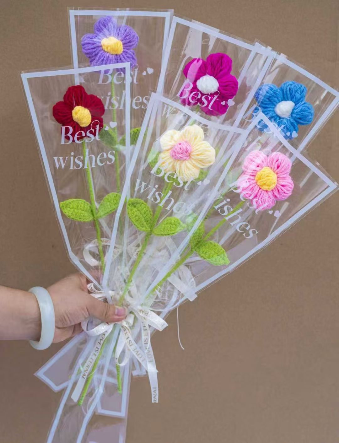 Here's a little red special handmade handicraft, home decoration and arrangement, creative gift, art piece, graduation gift, knitted mini woolen bouquet, simulated cream puff, little chanese-style birthday gift, kindergarten graduation bouquet for you details Picture