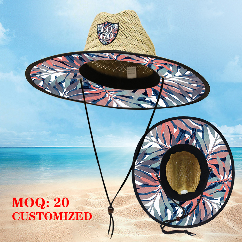 Hand-woven natural straw hat, seaside lifeguard custom style, outdoor straw hat custom Logo, vacation style sun protection straw hat details Picture