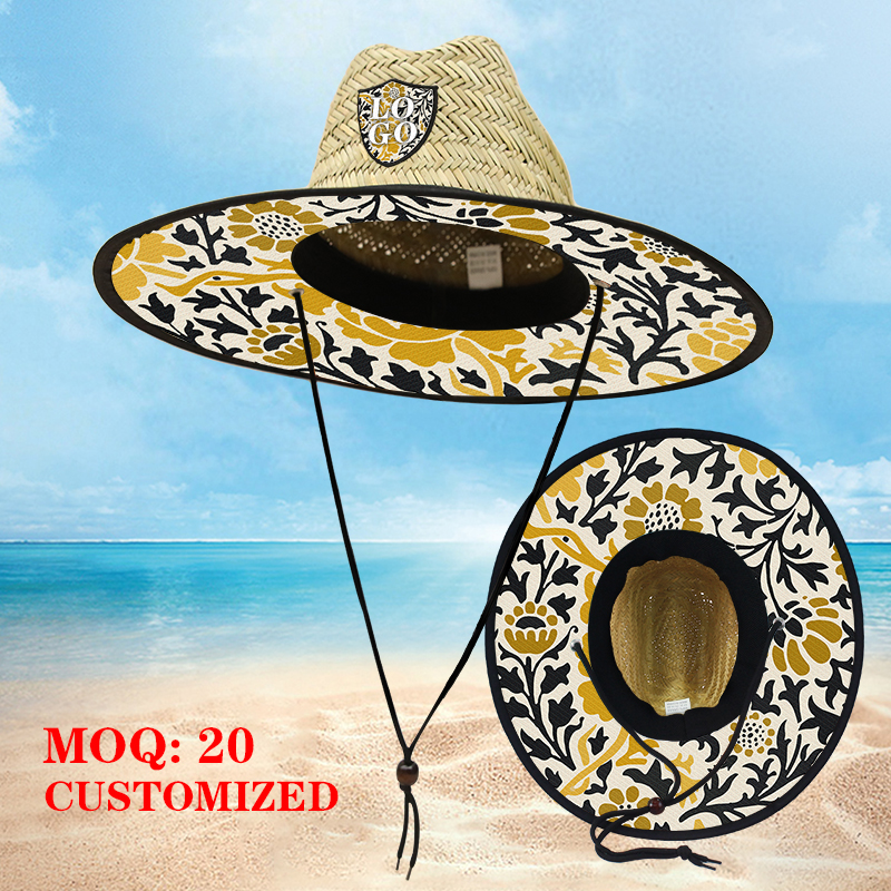 海边救生员定制款式户外草帽定制Logo度假风防晒草帽手工编织天然草帽