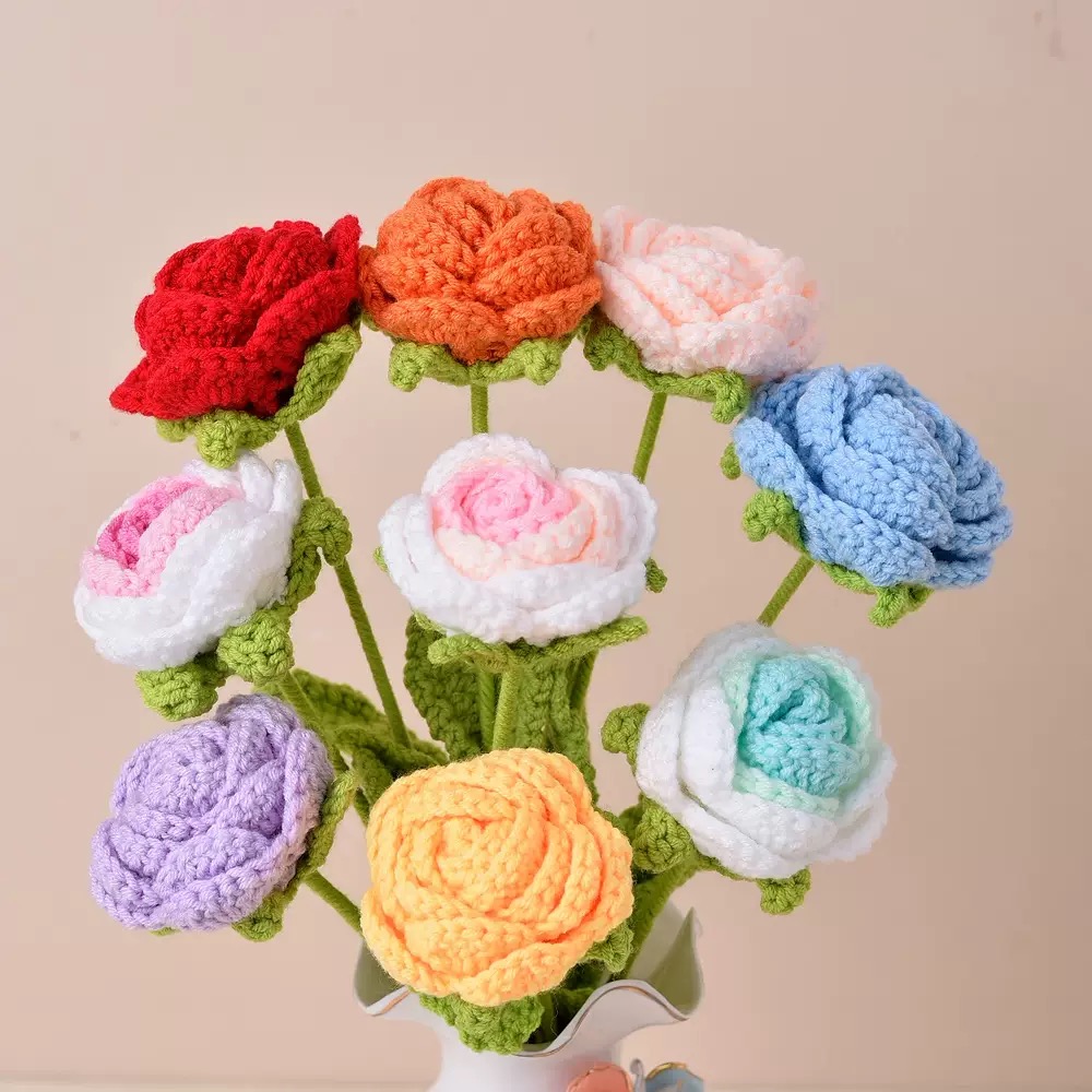 Handmade leaf weaving, rose weaving, simulated flower products, home decoration and display, creative gifts, artworks, graduation gifts, knitted mini woolen bouquets, simulated cream puffs, little chanel-style birthday gifts, kindergarten graduation bouquets Specification image