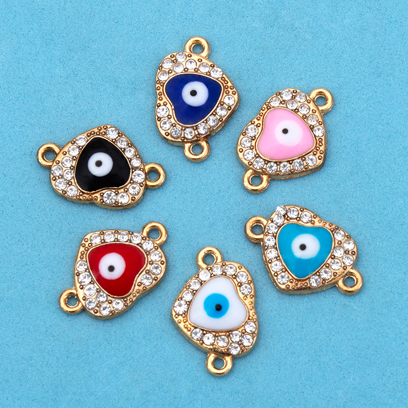 Creative diy accessories, new double-hanging heart-shaped devil's eye oil-dripping diamond necklace, bracelet, pendant, small pendant wholesale Specification image