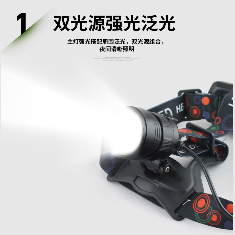 Dual-light source lamp, hiking, night cycling, camping, outdoor zoom headlamp, high-intensity long-range portable head-mounted flashlight details Picture