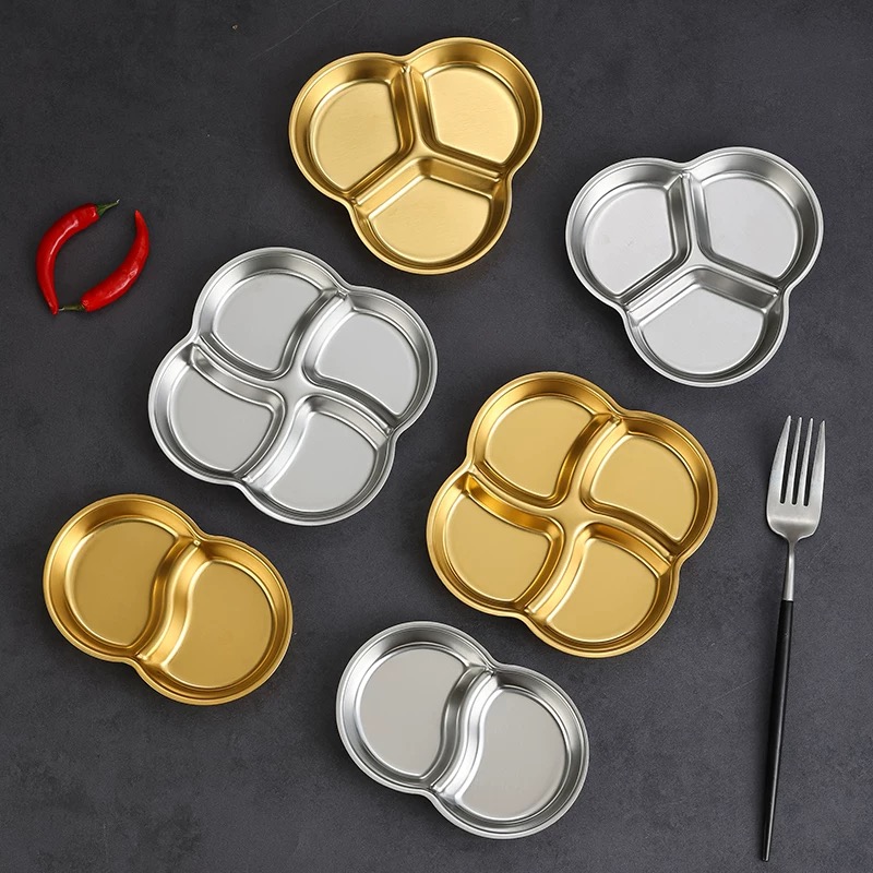 韩式不锈钢小吃碟泡菜碟味碟商用烤肉金色酱料碟蘸料碟三连调料盘细节图