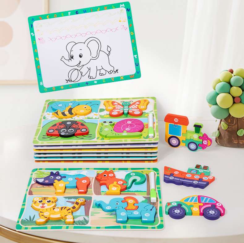 Large-sized children's three-dimensional double-sided animal jigsaw puzzle board, educational wooden toy assembly, number recognition detail image 3