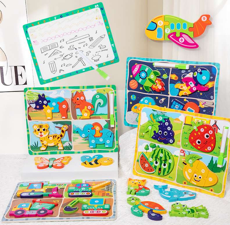 Large-sized children's three-dimensional double-sided animal jigsaw puzzle board, educational wooden toy assembly, number recognition detail image 2