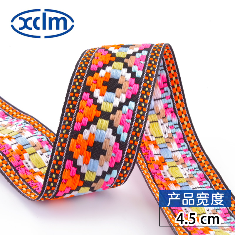 4.5cm multi-color polyester ethnic-style webbing, geometric webbing, clothing accessories, decorative jacquard webbing, edge banding fabric strips details Picture
