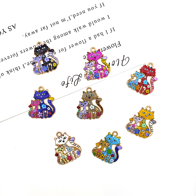 新款猫咪合金饰品配件 印刷彩色猫配件吊坠批发