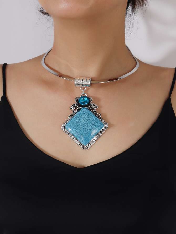 欧美复古波西米亚天然石湖蓝项链项链