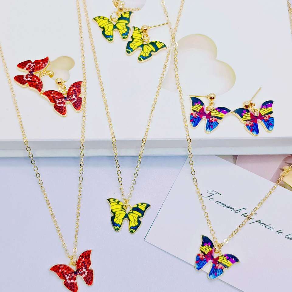 亚马逊跨境爆款时尚耳饰耳钉蝴蝶耳钉项链套装简约百搭气质耳饰品女款多款可选