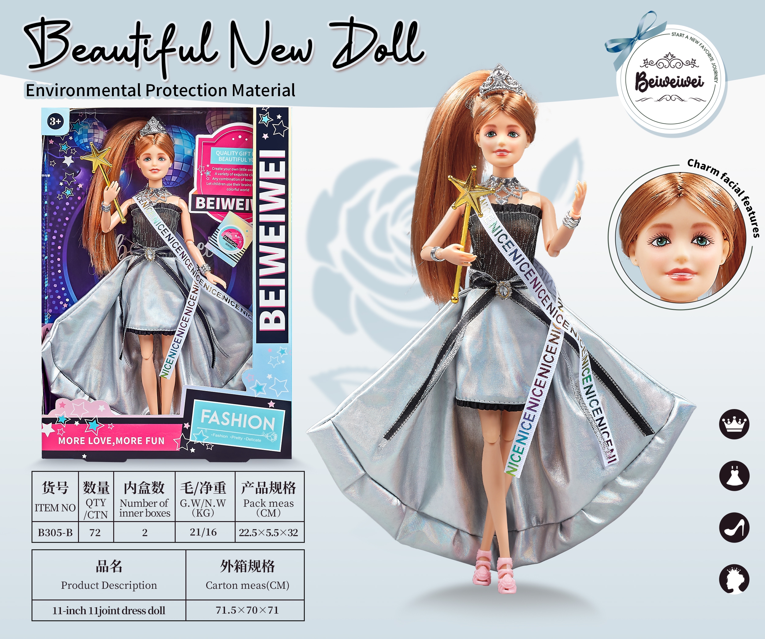 女孩玩具11寸11关节 实身彩印眼时尚精美娃娃戴皇冠+权杖洋娃娃公主娃娃详情3