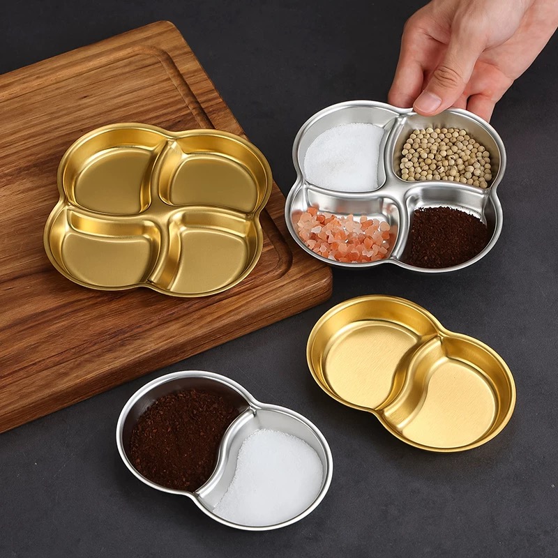 韩式不锈钢小吃碟泡菜碟味碟商用烤肉金色酱料碟蘸料碟三连调料盘产品图