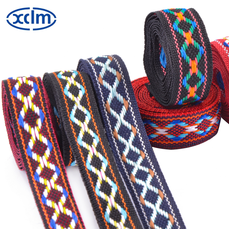 1.4cm ethnic webbing accessories, jacquard ribbon, polyester decorative narrow strips, colored jacquard webbing strips, edge wrapping fabric strips details Picture