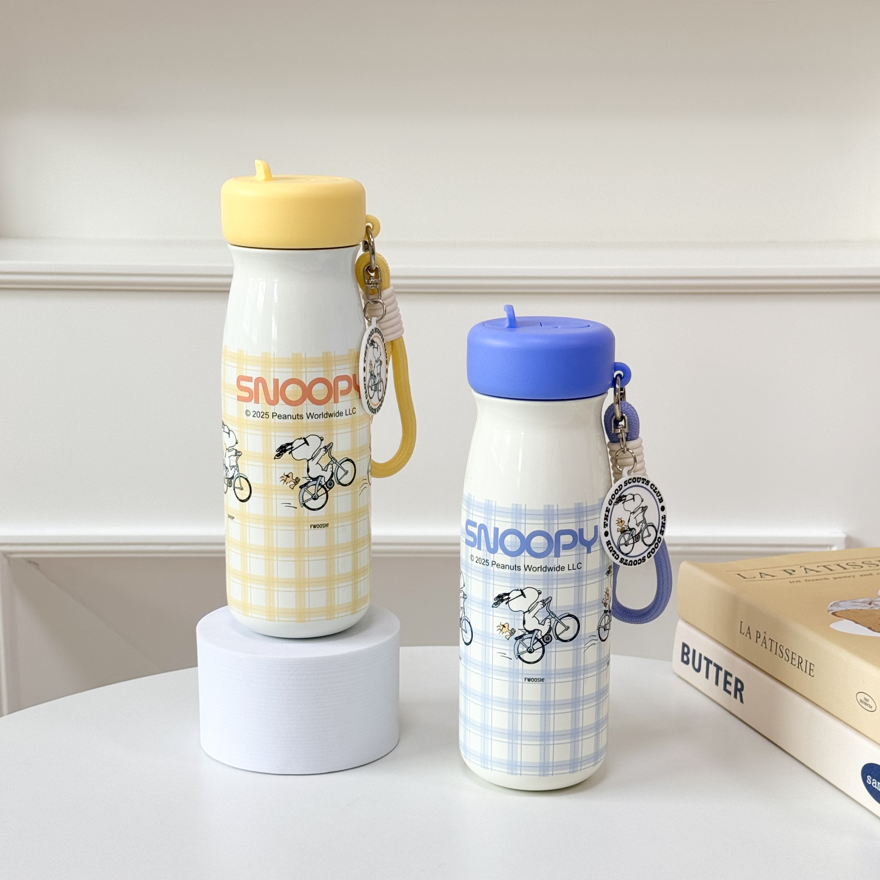 TinkerTot Snoopy Official authorized stainless steel whistle, straw cup, insulated cup 550ml, yellow/blue