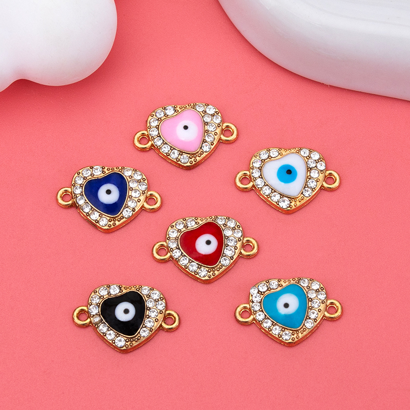 Creative diy accessories, new double-hanging heart-shaped devil's eye oil-dripping diamond necklace, bracelet, pendant, small pendant wholesale details Picture