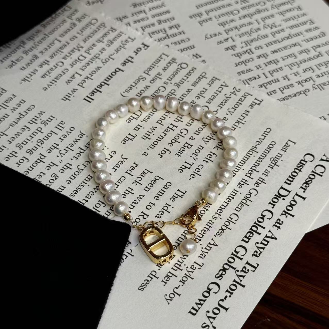 天然珍珠贝母铜镀金金色灵动百搭简单珍珠手链