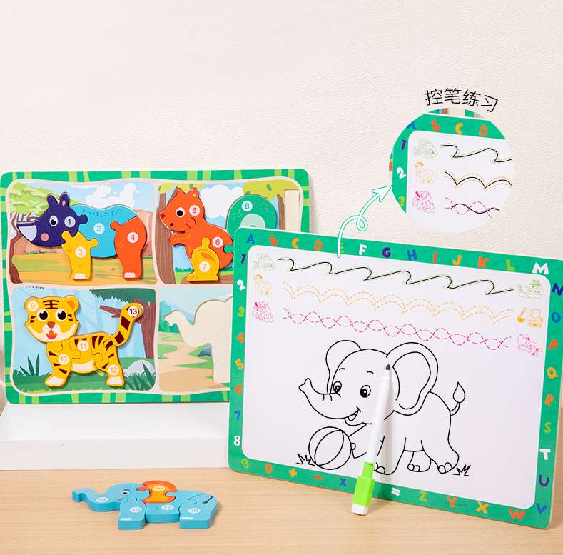 Large-sized children's three-dimensional double-sided animal jigsaw puzzle board, educational wooden toy assembly, number recognition detail image 4