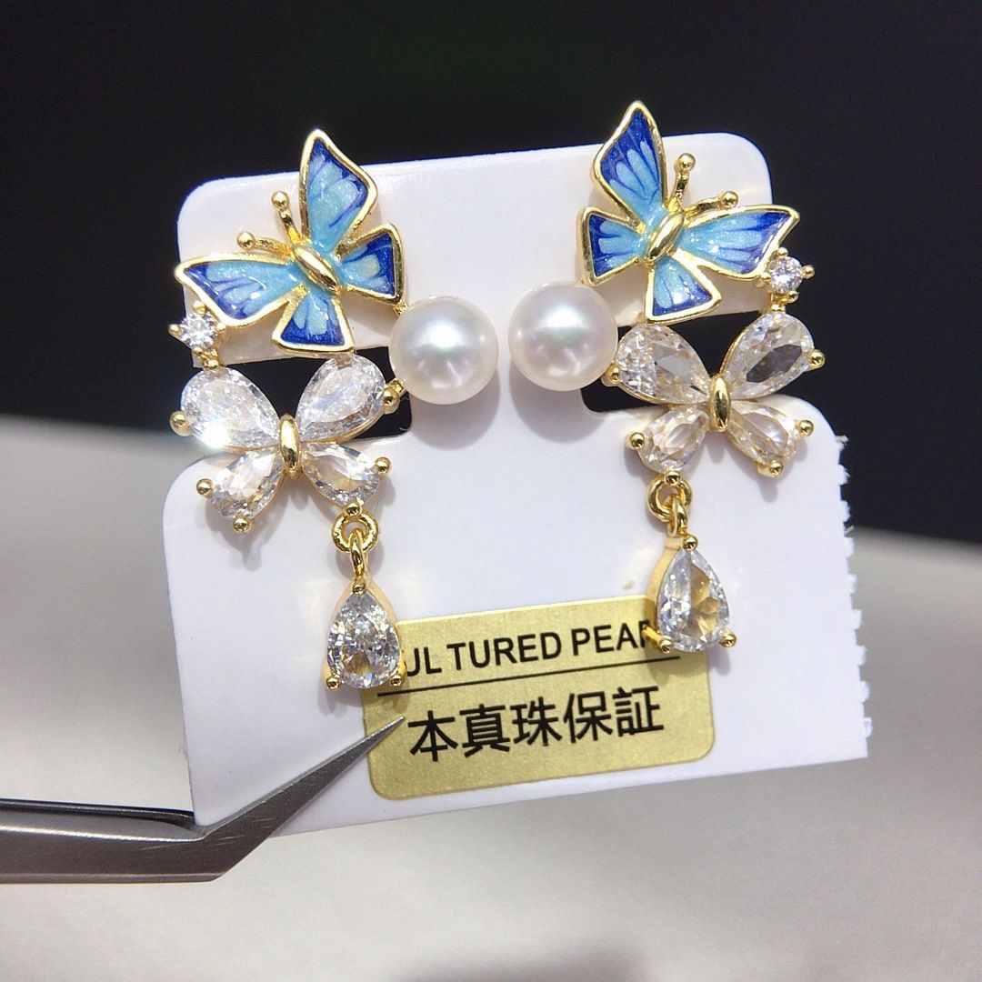 Natural freshwater pearl stud earrings, summer exquisite colored glaze butterfly blue stud earrings, women's zircon bestseller pearl necklace jewelry necklace detail image 7