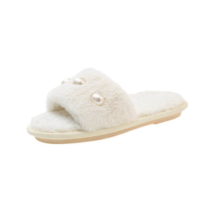 For the autumn and winter of 2025, there are simple flat-bottomed cross-shaped casual outerwear, one-shoulder cotton slippers with pearl simplicity Item Picture