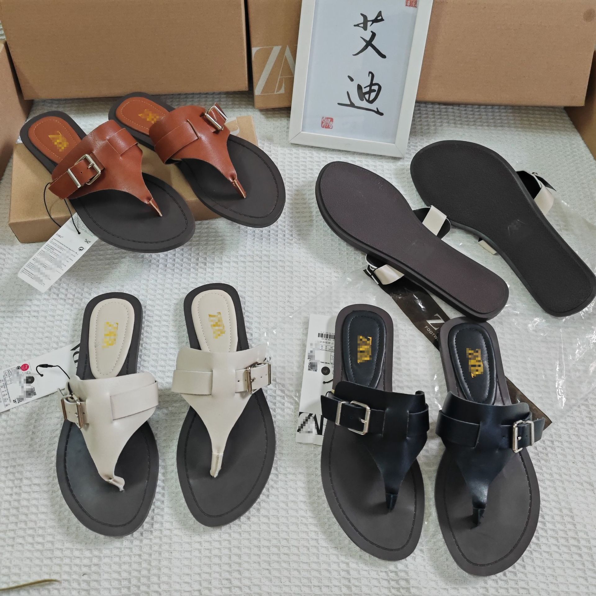 In-stock ZA's foreign trade original order unpacking best-selling flat shoes, women's shoes, flip-flops, belt buckle decorations, and outerwear beach shoes Specification drawing