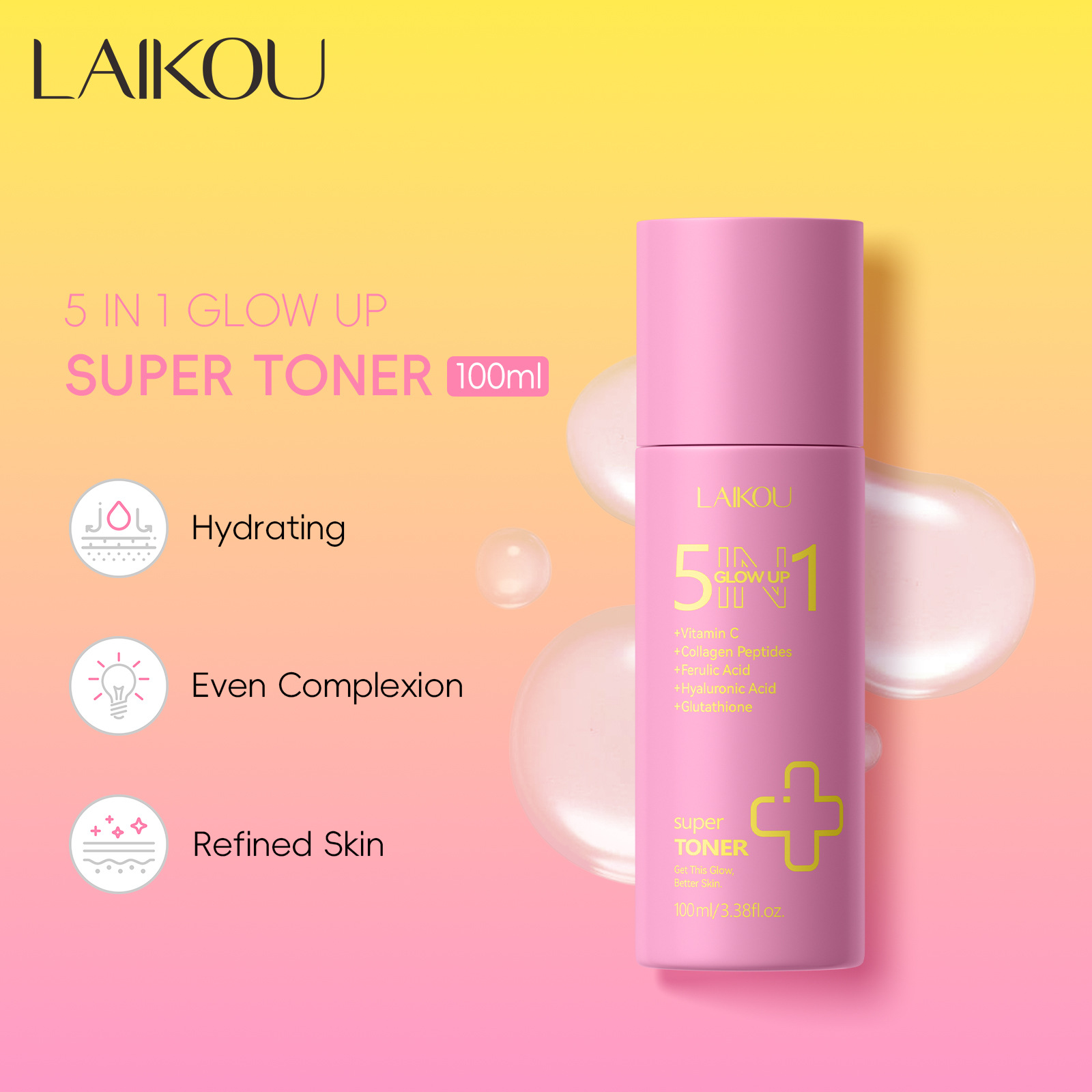 The new cross-border product, Laicome Five-in-One Luminous Toner and Wet Compress 100ml, is fully in English and available for export as a 5n1 toner full figure
