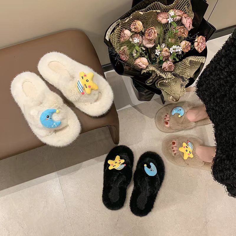 Cute Starry Moon cross fur slippers for women 2025 autumn/Winter new style outdoor home warmth flat heel fur slippers full figure