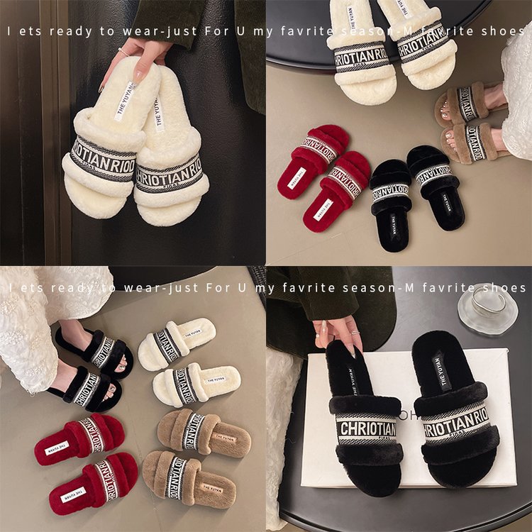 Xiaoxiang-style woolen slippers for women's fashionable outerwear in the autumn and winter of 2025, new flat-bottomed embroidered letter one-line cotton slippers Specification drawing