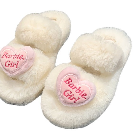 Heart-shaped accessories: Fluffy slippers for women's outerwear 2025 Autumn/Winter new style Sweet girls' home double-bar plush cotton slippers Item Picture