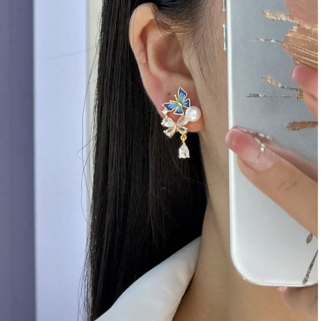 Natural freshwater pearl stud earrings, summer exquisite colored glaze butterfly blue stud earrings, women's zircon bestseller pearl necklace jewelry necklace detail image 6