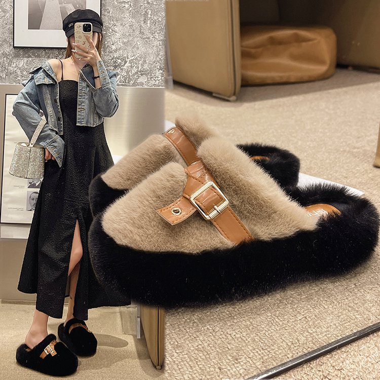 "Red envelope toe half-slipper women's outerwear 2025 autumn/Winter new height-increasing thick-soled woolen shoes home warm cotton slippers. full figure