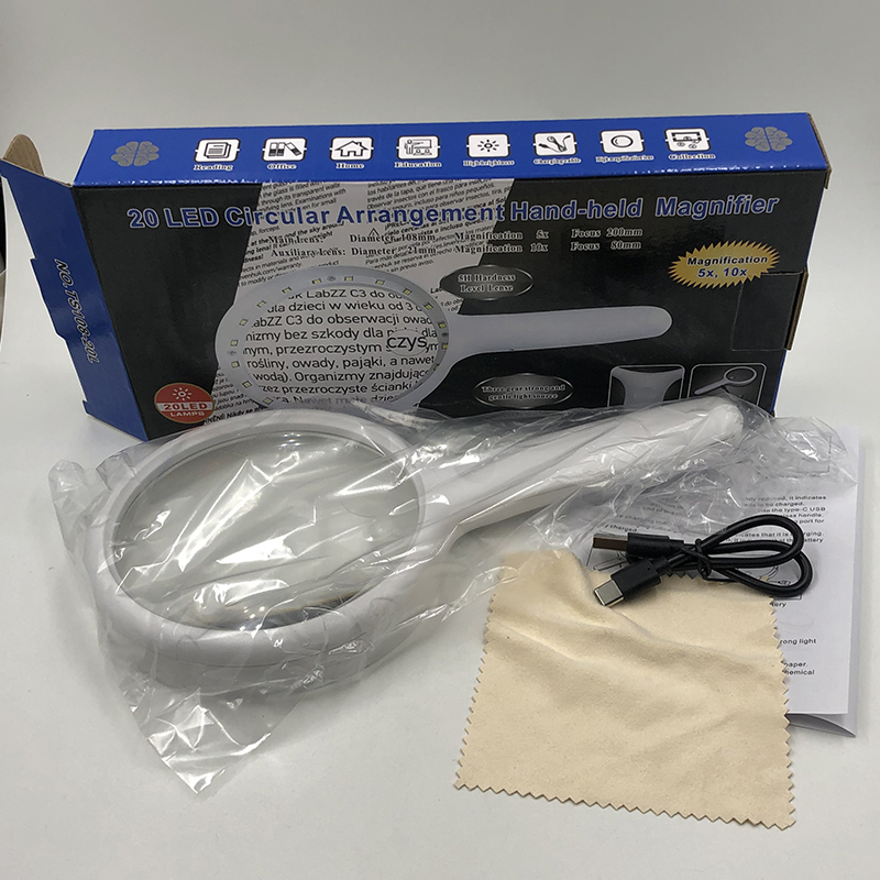 Charging TS108-20L magnifying glass, diameter 108mm, high-definition reinforced acrylic lens, LED light, three-level brightness, with light, magnifying glass, card-type magnifying glass, super magnifying glass details Picture