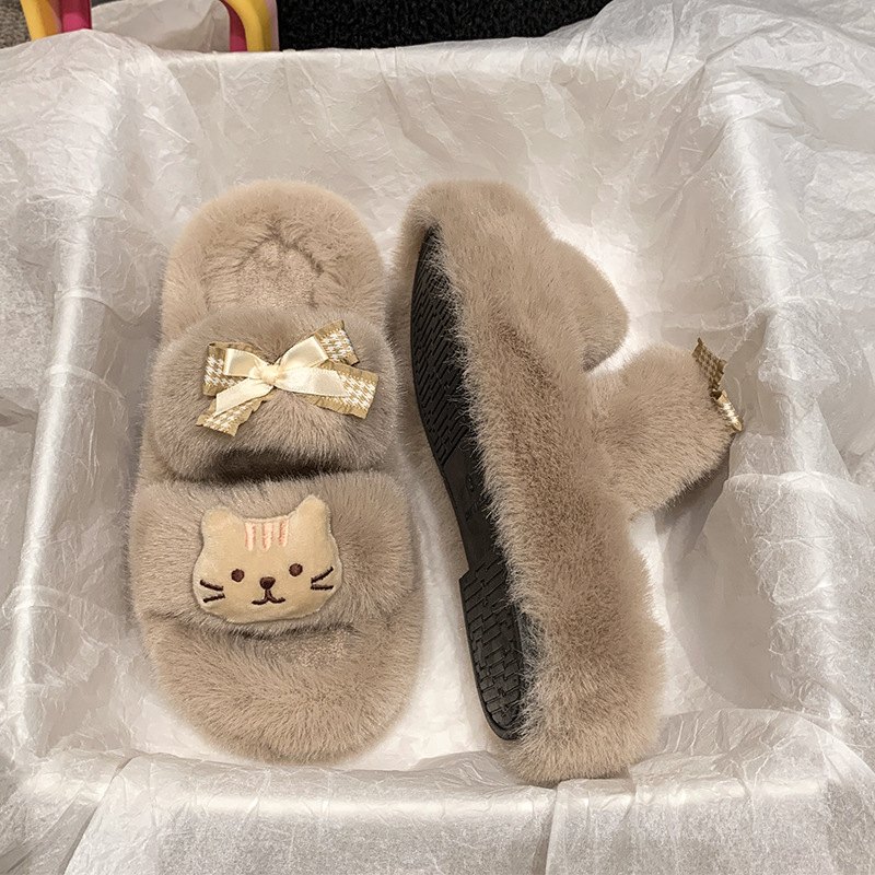 Soft and cute new autumn and winter fur slippers for women to wear outside, height-increasing Internet celebrity thick-soled home double-bar plush anti-slip cotton slippers Application Scenario