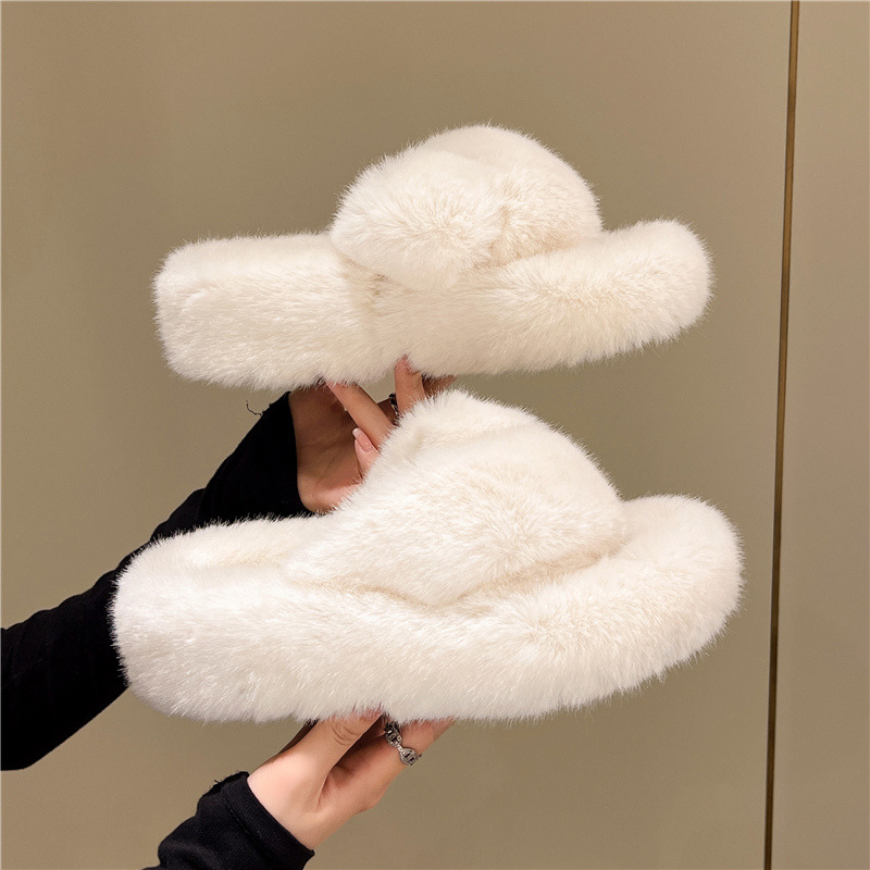 Cross-fur slippers for women's autumn and winter, new solid-color fashionable outerwear slippers for home warmth, plush slippers details Picture