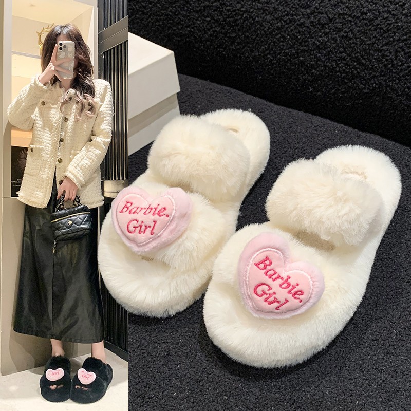 Heart-shaped accessories: Fluffy slippers for women's outerwear 2025 Autumn/Winter new style Sweet girls' home double-bar plush cotton slippers details Picture