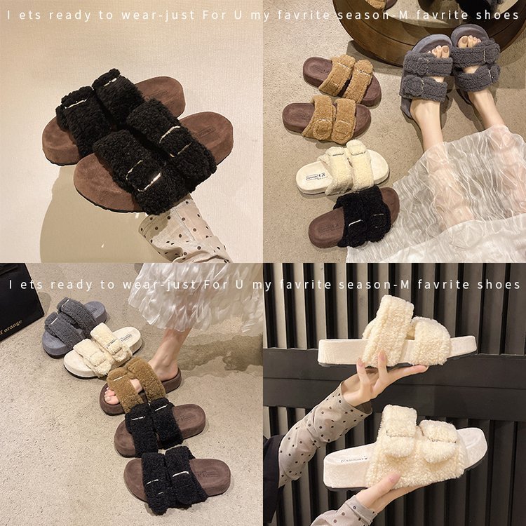 The new thick-soled open-toe slippers for women's outerwear in the autumn and winter of 2025 are retro, fashionable and versatile. The one-shoulder wool slippers for women Specification drawing