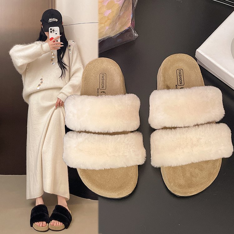 White thick-soled woolen slippers for women's outerwear, a new style of fluffy and fleece one-line cotton slippers in the autumn of 2025 full figure