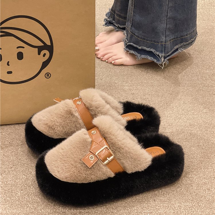 "Red envelope toe half-slipper women's outerwear 2025 autumn/Winter new height-increasing thick-soled woolen shoes home warm cotton slippers. Application Scenario