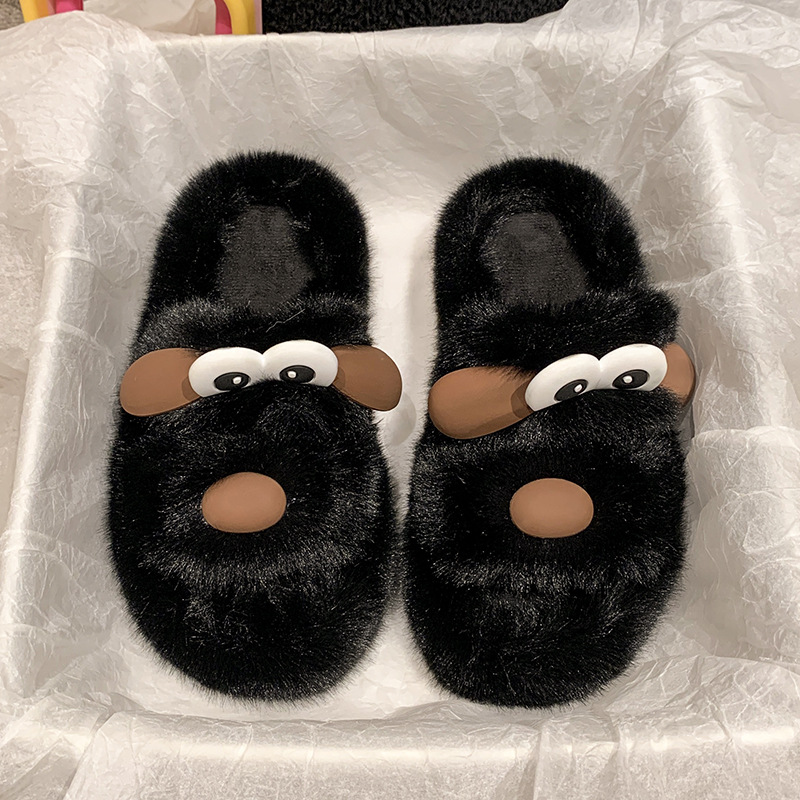 Cartoon cute one-line thick-soled woolen slippers for women to wear outside in autumn and winter 2025 new soft-soled fashionable cotton slippers trend details Picture
