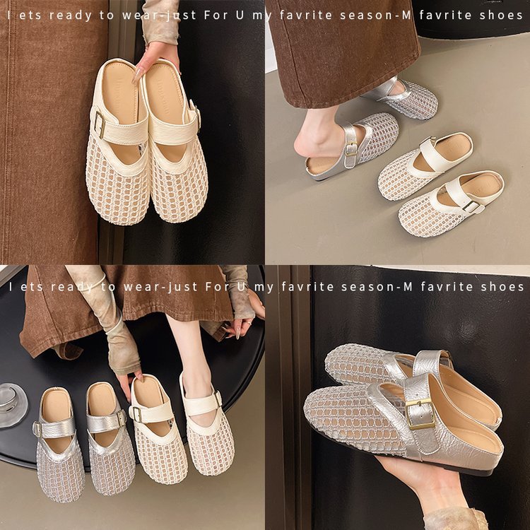 Baotou summer slippers for women to wear outside 2025 new style mesh breathable French thick-soled pregnant women Mary Jane half-support single shoes Specification drawing