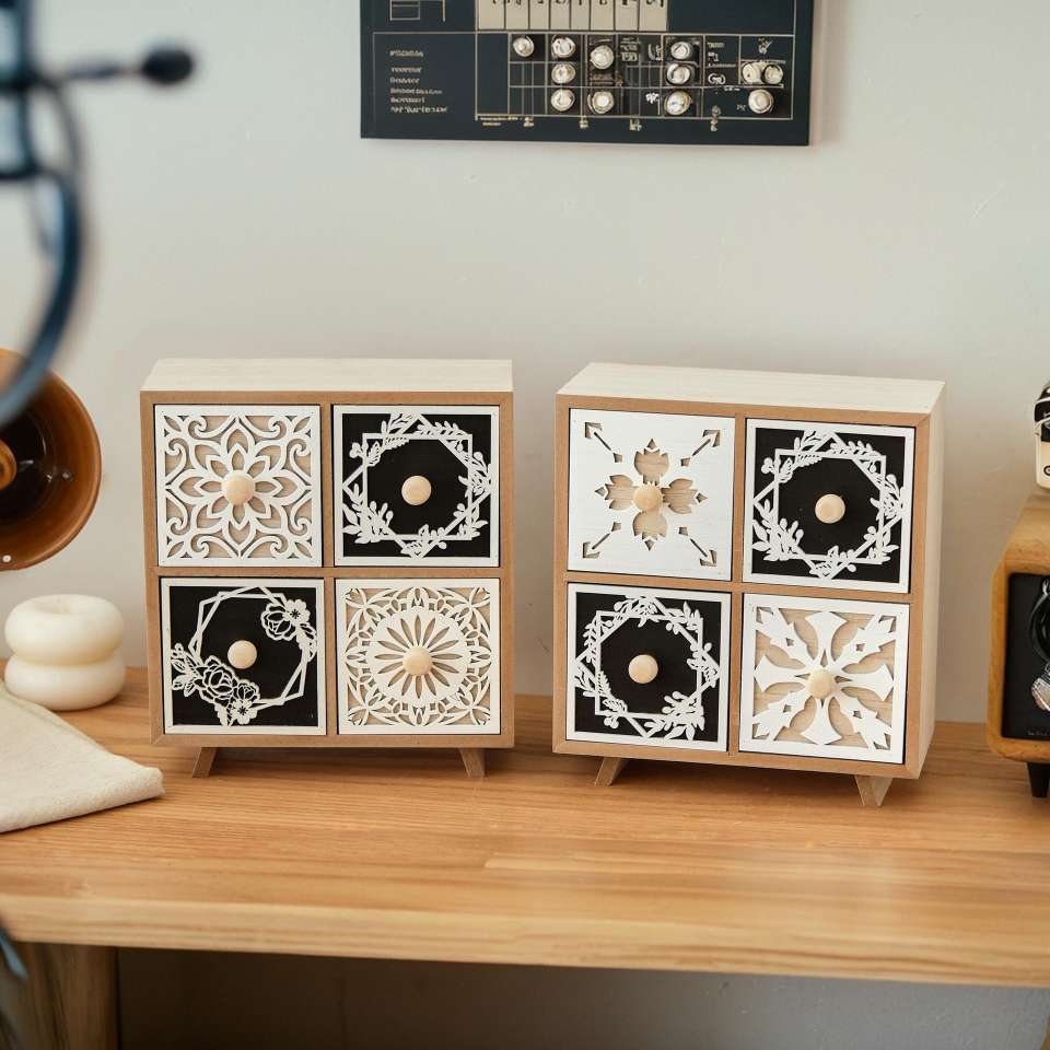 木制收纳柜桌面镂花图案复古柜子饰品化妆品杂物收纳整理柜