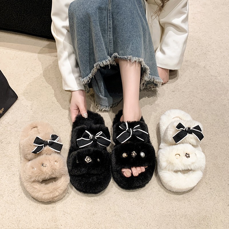 Striped bow fur slippers for women's outerwear 2025 autumn/Winter new fashionable height-increasing home double-bar plush cotton slippers full figure