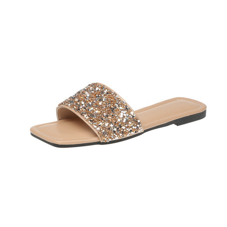 Sequined slippers for women's outerwear in summer 2025 new style, fashionable flat bottom, European and American Internet celebrity water diamond one-line cool flip-flops for export Item Picture