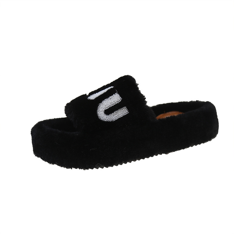 Xiaoxiangfeng 4-cm height-increasing woolen slippers for women's outerwear 2025 autumn/Winter bestseller Letter style warm thick-soled cotton slippers Item Picture