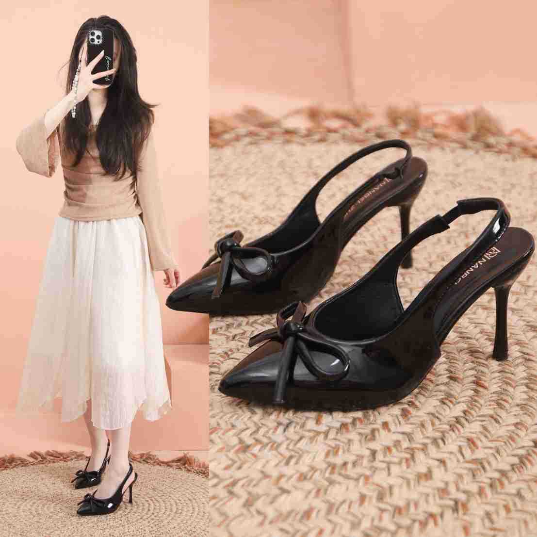 The new spring and autumn style of the Baotou high heels in 2025, with a pointed bow, exudes a stylish and elegant demeanor, and is a single shoe with a spacious back details Picture