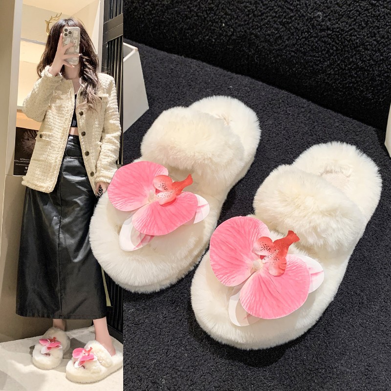 Gradient flower fleece slippers for women's outerwear 2025 autumn/Winter new fashion home double-bar warm fleece slippers trend details Picture