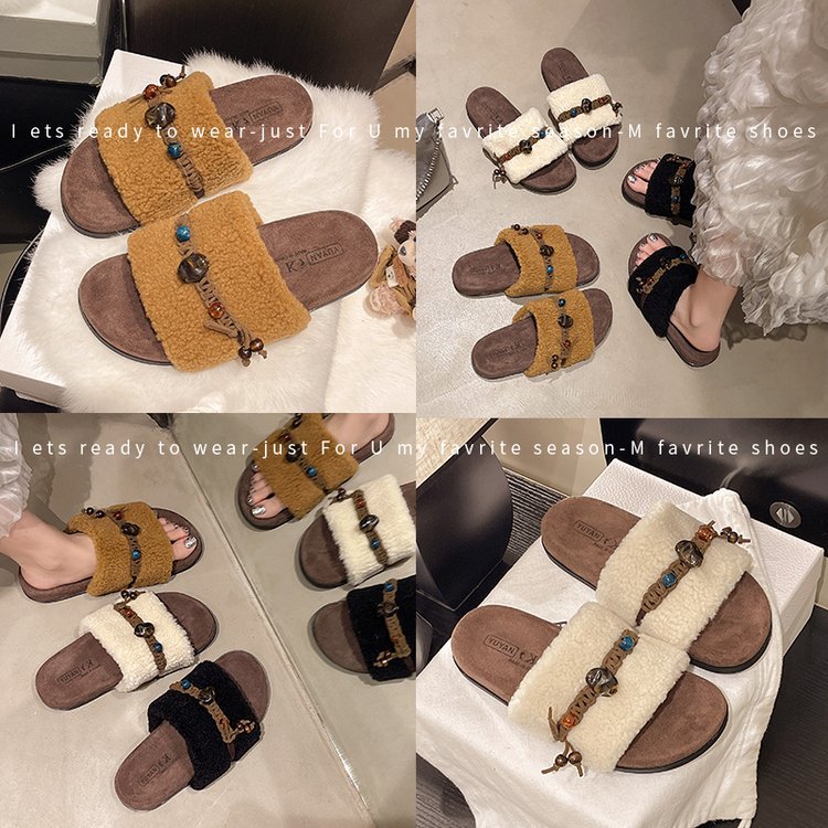 Ethnic-style beaded thick-soled woolen slippers for women's autumn new style outdoor slippers, fashionable and versatile, fleece open-toe slippers Specification drawing
