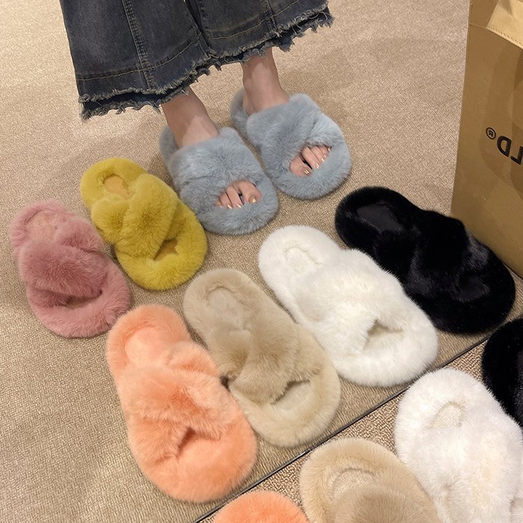 Flat and versatile casual woolen slippers for women, gentle and fairy-like style, cross autumn and winter, one-line cotton slippers Specification drawing