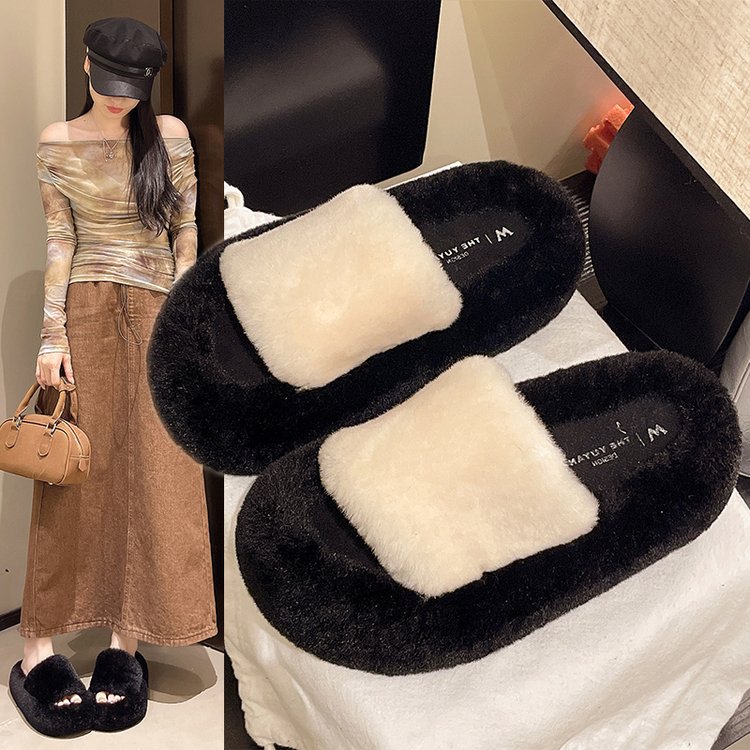 Leopard print, 4-centimeter-tall, petite, furry slippers for women to wear outside, 2025 autumn and winter, one-shoulder cotton slippers full figure