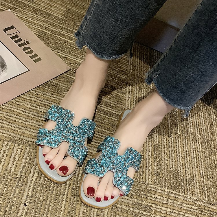 Slippers Women 2025 Summer New Style Women's shoes, student flat, soft sole, bright diamond, one-shoulder, Korean style fashionable women's slippers Specification drawing