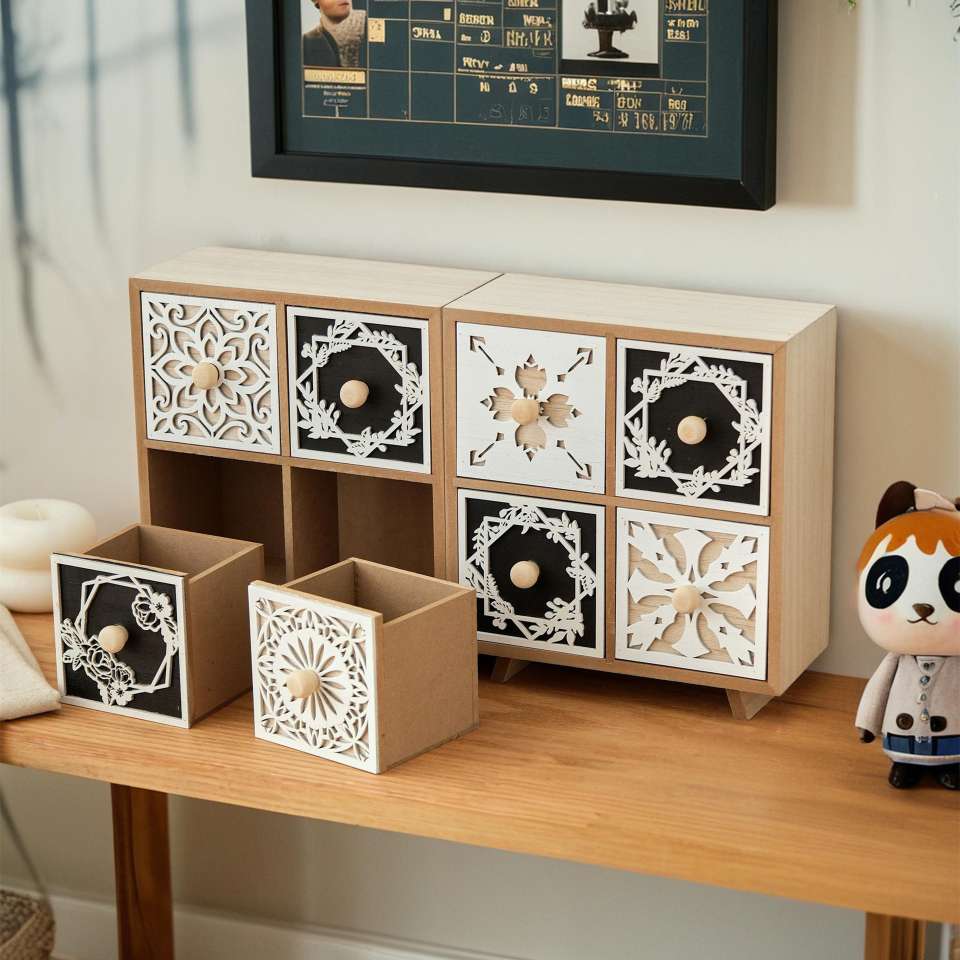 木制收纳柜桌面镂花图案复古柜子饰品化妆品杂物收纳整理柜细节图