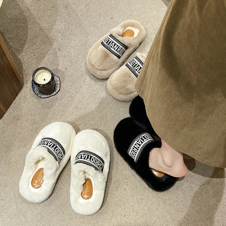 2025 Autumn/Winter new Korean-style fashionable lettered warm woolen slippers for women, thick-soled 6CM cotton slippers with a toe cap Specification drawing